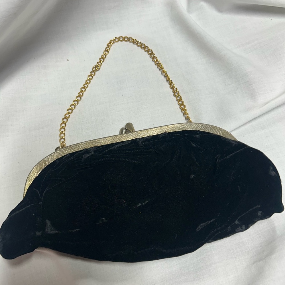Vintage Black Velvet Purse Gold Color Strap 1960s Evening Bag - Picture 10 of 10